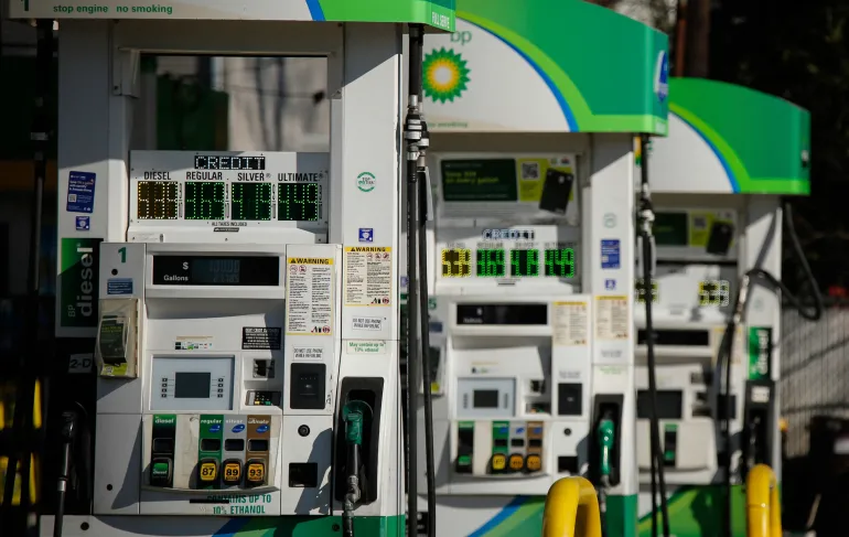 Gas prices are seen at a gas station in Linden, New Jersey, on March 18, 2026.