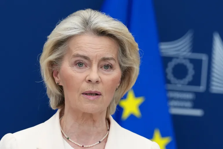 European Commission President Ursula von der Leyen at EU headquarters in Brussels, Monday, March 2, 2026. (AP Photo/Virginia Mayo)
