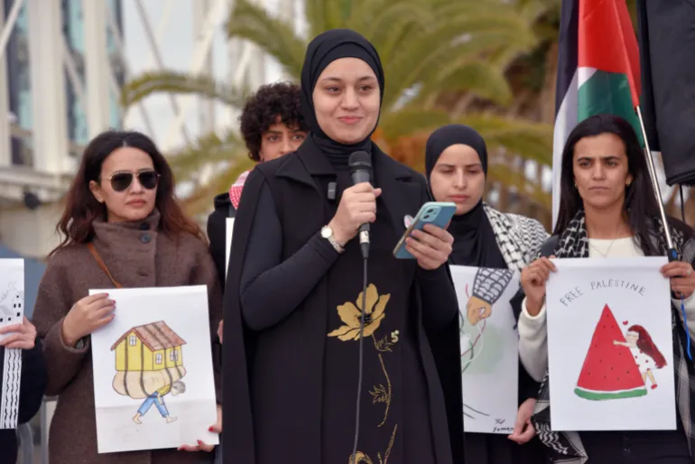 IMAGE DISTRIBUTED FOR AVAAZ - Wesam Hamada, the mother of Hind Rajab, addresses the crowd during a memorial and protest in Barcelona marking the second anniversary of her daughter's killing in Gaza on Thursday, Jan. 29, 2026 in Barcelona, Spain. (Gemma Miralda/AP Content Services for Avaaz)