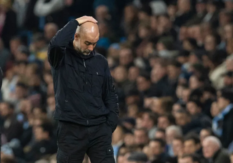 epa12795334 Machester City's head coach Pep Guardiola puts his hand on his head during the English Premier League match of Manchester City against Nottingham Forest, in Manchester, Britain, 04 March 2026. EPA/PETER POWELL EDITORIAL USE ONLY. No use with unauthorized audio, video, data, fixture lists, club/league logos, 'live' services or NFTs. Online in-match use limited to 120 images, no video emulation. No use in betting, games or single club/league/player publications.