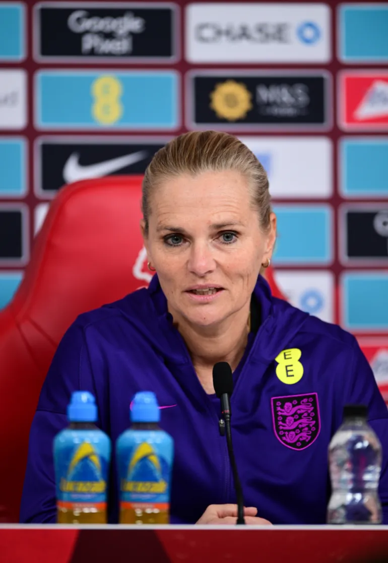 NOTTINGHAM, ENGLAND - MARCH 06: Sarina Wiegman, Head Coach of England, speaks to the media during a press conference at City Ground on March 06, 2026 in Nottingham, England. (Photo by Harriet Massey/Getty Images)