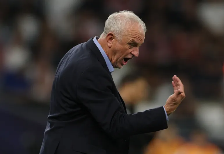 Soccer Football - FIFA Arab Cup - Qatar 2025 - Quarter Final - Jordan v Iraq - Education City Stadium, Al Rayyan, Qatar - December 12, 2025 Iraq coach Graham Arnold reacts REUTERS/Mohammed Salem