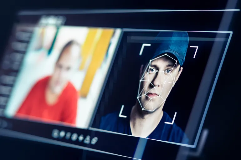 Deep fake. Deepfake AI fraud video or theft. Face recognition or swap. Photo edit with artificial intelligence. Personality and identity scam. Impersonating technology.