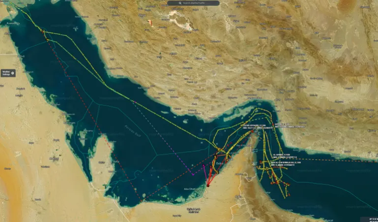 خريطة تتبع بحرية تظهر مسارات الملاحة النشطة داخل مضيق هرمز (مارين ترافيك)