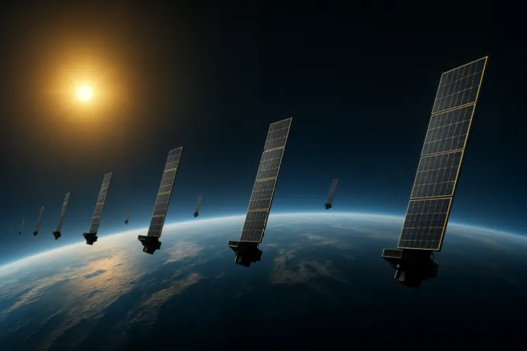 Illustration concept of a fleet of Internet Starlink satellites in orbit above planet Earth. A line of communication satellites with the sun in the horizon.