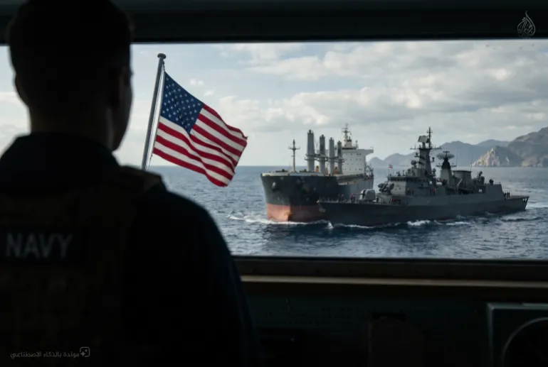تصميم خاص - صور محاكاة افتراضية للحصار الأمريكي لـ مضيق هرمز وفرض الرسوم الإيرانية على السفن ( مولدة بالذكاء الاصطناعي)