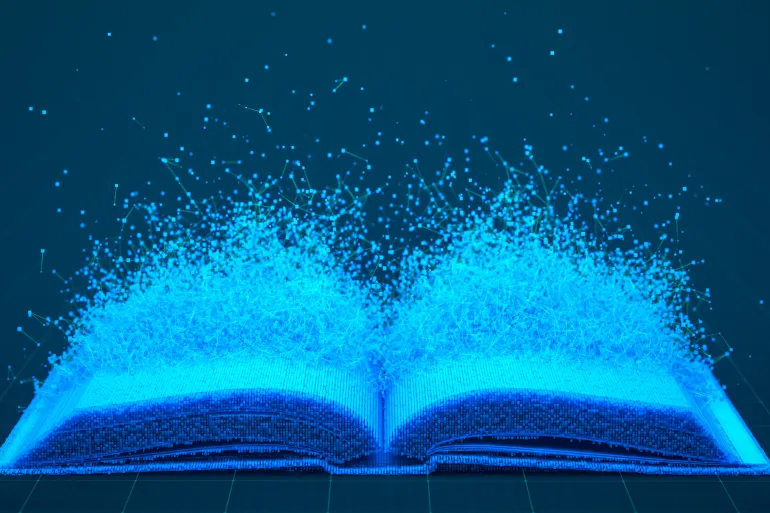 An open book dissolves into a network of glowing blue particles against a dark background. Concept for digital transformation, online education, and information technology.