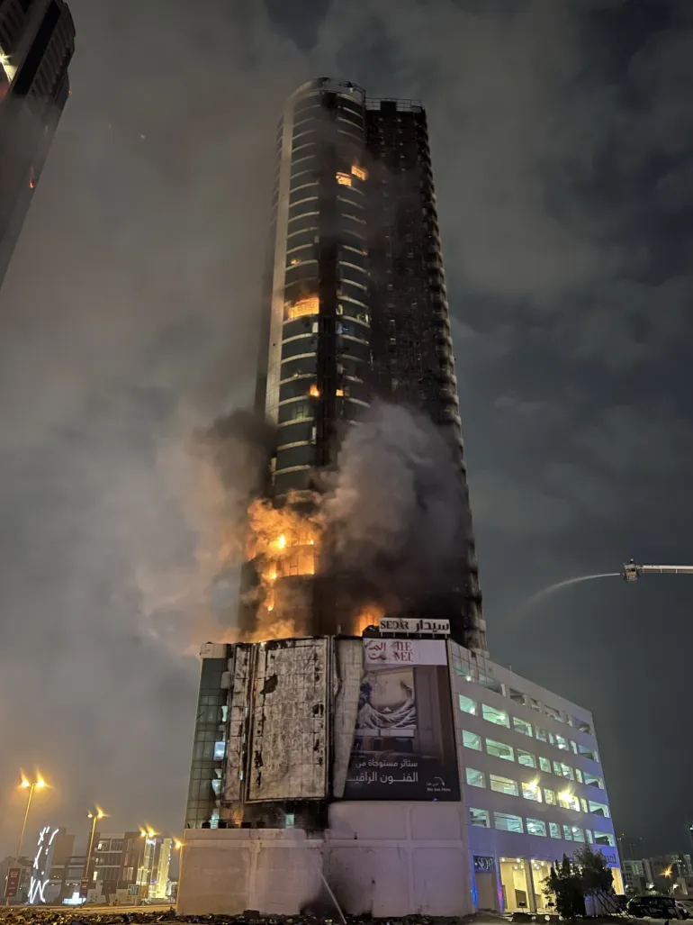 MANAMA, BAHRAIN - FEBRUARY 28: A view of fire that broke out in a building targeted by Iranian unmanned aerial vehicles as Iran attacked several buildings in Manama, the capital of Bahrain, on February 28, 2026. (Photo by Stringer/Anadolu via Getty Images)