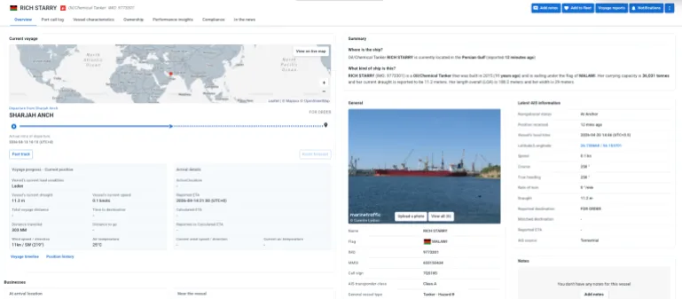 بيانات ملاحية للسفينة ريتش ستاري في مضيق هرمز (مارين ترافيك)
