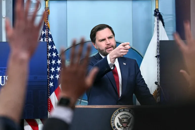 US Vice President JD Vance speaks during a press briefing in the Brady Briefing Room at the White House in Washington, DC on January 8, 2026.
