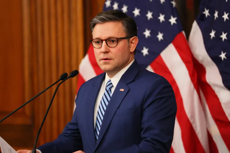 WASHINGTON, DC - FEBRUARY 12: House Speaker Mike Johnson (R-LA) speaks in the Rayburn Reception Room  after formally unveiling the Frederick Douglass Press Gallery in the US Capitol on February 12, 2026 in Washington, DC. Rep. Donalds (R-FL), alongside House Speaker Mike Johnson (R-LA) and Rep. Burgess Owens (R-UT) gave remarks celebrating the passage of House Resolution 137, which formally dedicated the House Press Gallery after Frederick Douglass. Douglass was the first Black reporter allowed into the Capitol press galleries. Michael M. Santiago/Getty Images/AFP (Photo by Michael M. Santiago / GETTY IMAGES NORTH AMERICA / Getty Images via AFP)