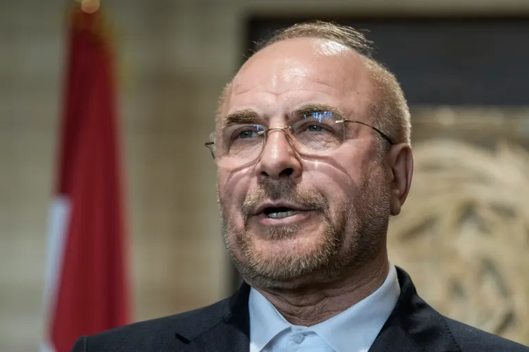 Iran's parliament speaker Mohammad Bagher Qalibaf, speaks during a press conference in Beirut, Lebanon, Saturday, Oct. 12, 2024. (AP Photo/Bilal Hussein)