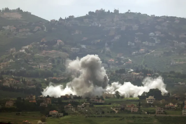 epa12919847 Smoke rises following an Israeli airstrike in a southern Lebanese village, as seen from the Upper Galilee in northern Israel, 28 April 2026, amid a ceasefire between Israel and Lebanon. EPA/ATEF SAFADI