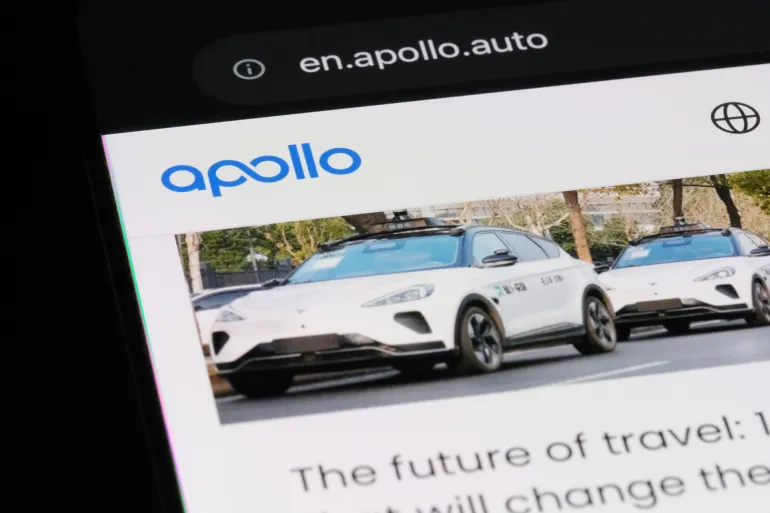 Shanghai,China-July 9th 2024: Baidu Apollo brand logo and robotaxi on website. Apollo Go Robotaxi, Baidu's autonomous ride-hailing service