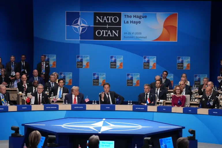 THE HAGUE, NETHERLANDS - JUNE 24: President of Turkey Recep Tayyip Erdogan (L), British Prime Minister Keir Starmer (2ndL), U.S. President Donald Trump (3rdL) and Dick Schoof, Prime Minister of the Netherlands (3rdR), listen to NATO General Secretary Mark Rutte (C) during a North Atlantic Council plenary meeting at the NATO Summit on June 24, 2025 in The Hague, Netherlands. This year's NATO summit, which brings together heads of state and government from across the military alliance, is being held in the Netherlands for the first time. Among other matters, members are to approve a new defense investment plan that raises target for defense spending to 5% of GDP. (Photo by Andrew Harnik/Getty Images)