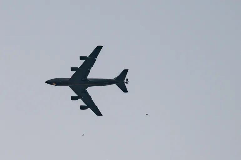 TEL AVIV, ISRAEL - MARCH 13: A four engine U.S Air Force plane is seen with it's landing gear down on the way to Ben Gurion Airport on March 13, 2026 in Tel Aviv, Israel. Iran has continued firing waves of drones and missiles at Israel after the United States and Israel launched a joint attack on Iran early on February 28th. (Photo by Alexi J. Rosenfeld/Getty Images)