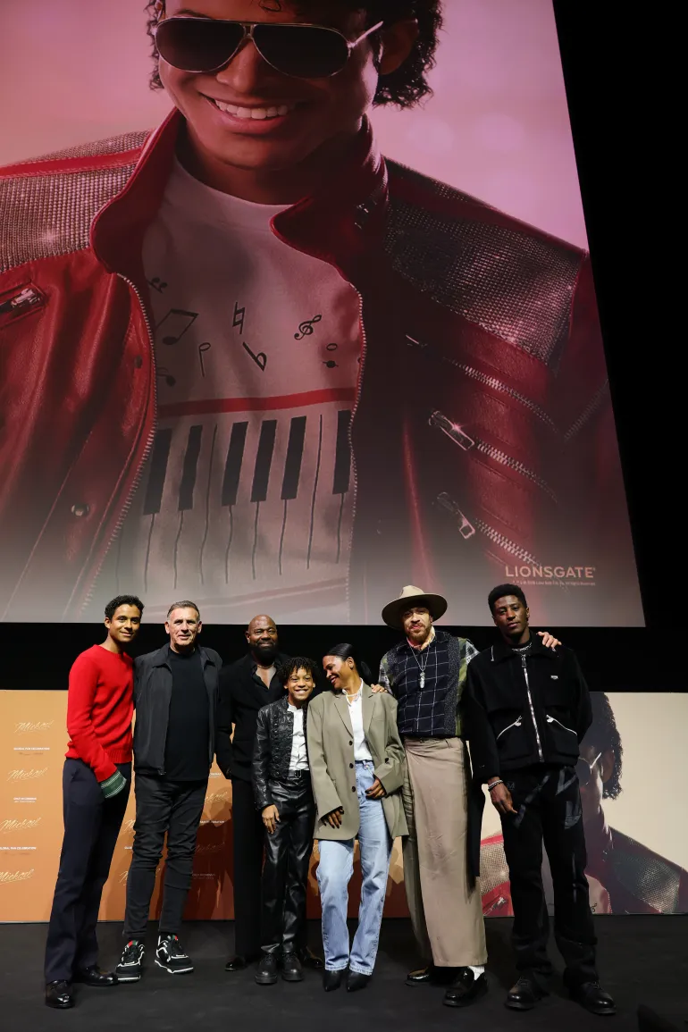 BERLIN, GERMANY - APRIL 11: Jaafar Jackson, Graham King, Antoine Fuqua, Juliano Valdi, Nia Long, KeiLyn Durrel Jones and Joseph David-Jones pose onstage during the “Bringing MICHAEL to the Screen" panel at the "Michael" Global Fan Celebration at Uber Eats Music Hall on April 11, 2026 in Berlin, Germany. (Photo by Andreas Rentz/Getty Images for Universal Pictures)