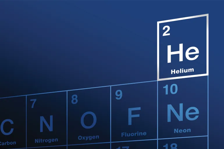 Helium on periodic table of the elements. Chemical element with symbol Al and atomic number 2. Inert, monatomic, noble gas, used as mixing gas for deep diving, for lasers and for scientific purposes.