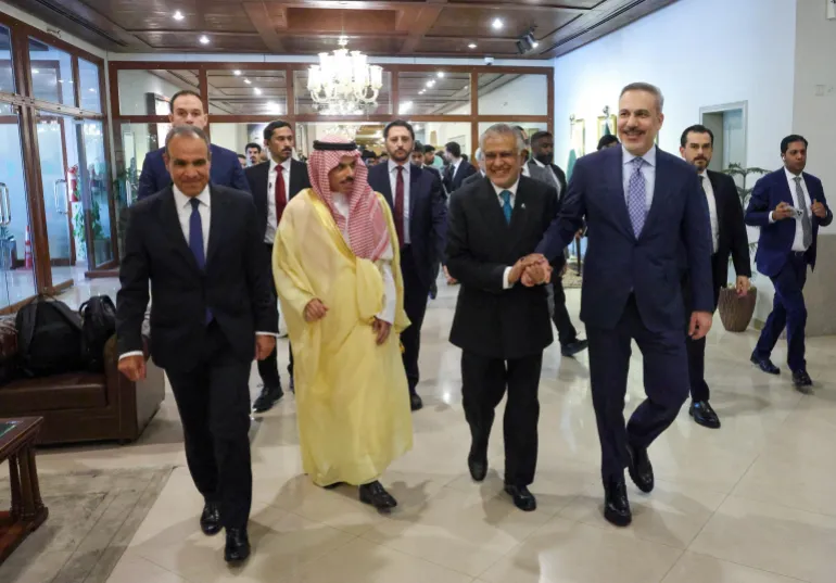 Foreign Ministers Badr Abdelatty of Egypt, Prince Faisal bin Farhan Al Saud of Saudi Arabia, Ishaq Dar of Pakistan and Hakan Fidan of Turkey meet to discuss regional de-escalation, amid the U.S.-Israel conflict with Iran, in Islamabad, Pakistan, March 29, 2026. Muammer Tan/Turkish Foreign MinistryHandout via REUTERS ATTENTION EDITORS - THIS PICTURE WAS PROVIDED BY A THIRD PARTY. NO RESALES. NO ARCHIVES. TPX IMAGES OF THE DAY