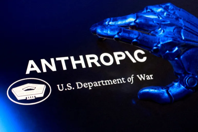FILE PHOTO: "U.S. Department of War" and Anthropic logos are seen in this illustration created on March 1, 2026. REUTERS/Dado Ruvic/Illustration/File Photo
