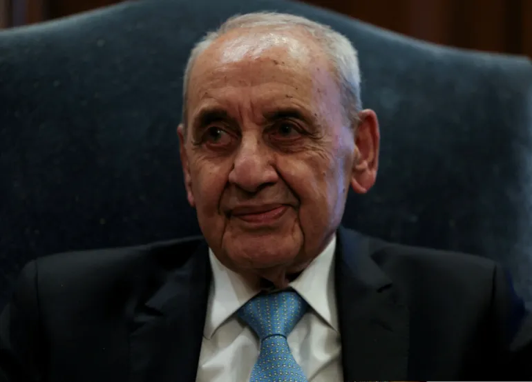 FILE PHOTO: Lebanese Parliament Speaker Nabih Berri meets with Italian Prime Minister Giorgia Meloni (not seen) in Beirut, Lebanon October 18, 2024. REUTERS/Mohamed Abd El Ghany/File Photo