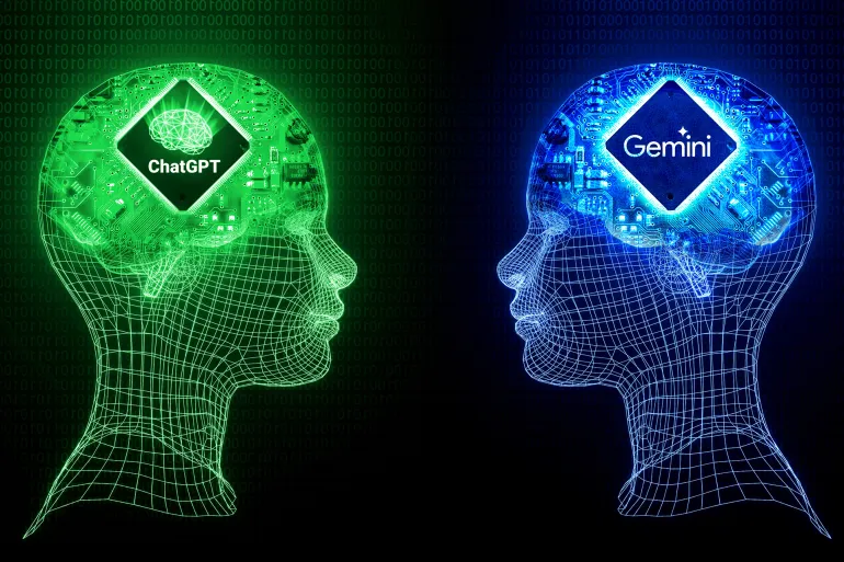 ChatGPT Vs Gemini, new artificial intelligence tools of modern world concept background. Tech news editorial backdrop design with glowing chip and wireframe heads, 21.12, Pakistan; Shutterstock ID 2404727447; purchase_order: aj; job: ; client: ; other:
