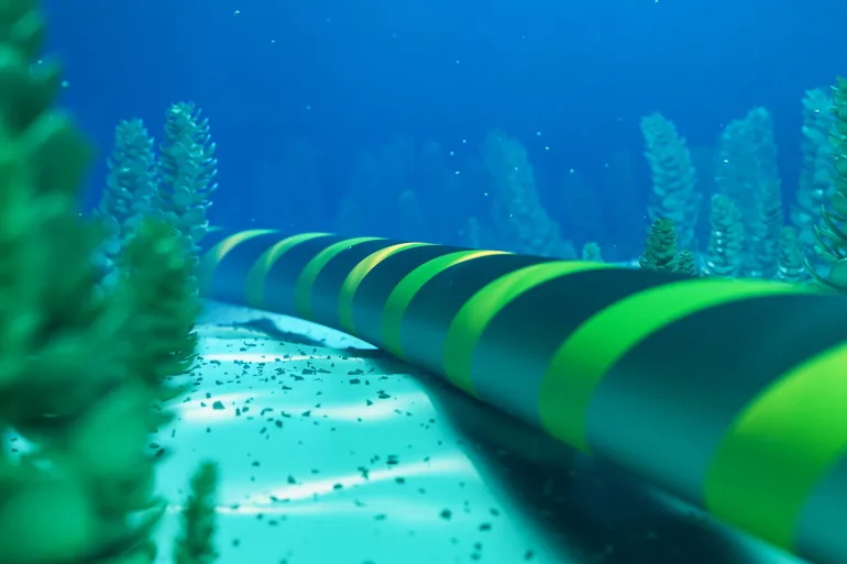 Broken submarine cable on the seabed. Internet connection failure. 3d rendering