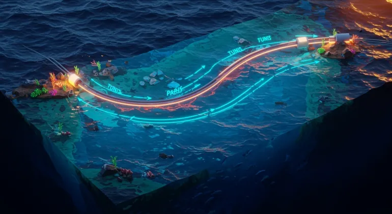 Neon 3D image of design a feasible and cost-effective underwater cable system connecting paris (france) and then to tunis (tunisia), considering factors such as blue ocean depth, water currents, and potential environmental impacts