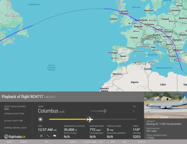 بيانات ملاحية لطائرة التزود بالوقود بالأمريكية في طريقها للشرق الأوسط (فلايت رادار)