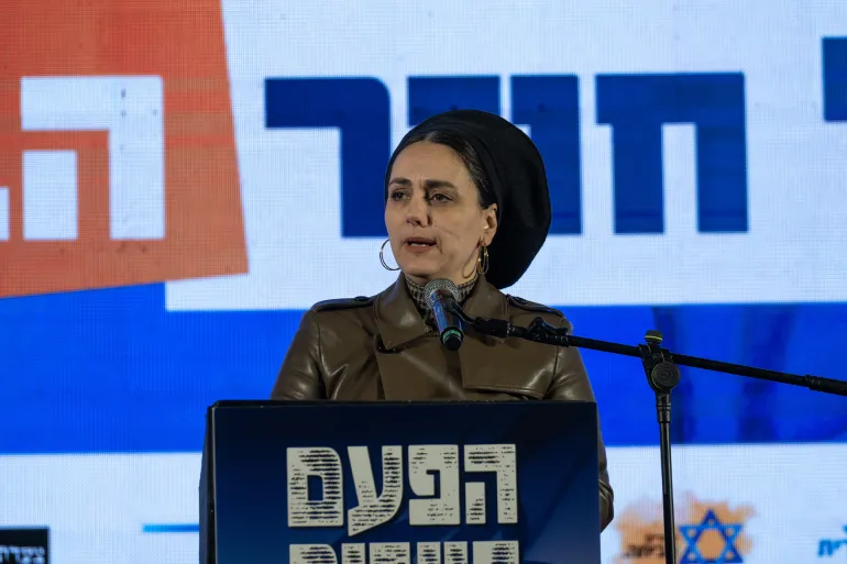 JERUSALEM - FEBRUARY 27: Israeli politician and Knesset member Limor Son Har-Melech makes a speech during a demonstration as far-right Israelis gather on Jaffa Street and march towards Prime Minister Binyamin Netanyahu's residence demanding the occupation of Gaza and a return to war to destroy Hamas, in West Jerusalem on February 27, 2025. (Photo by Mostafa Alkharouf/Anadolu via Getty Images)