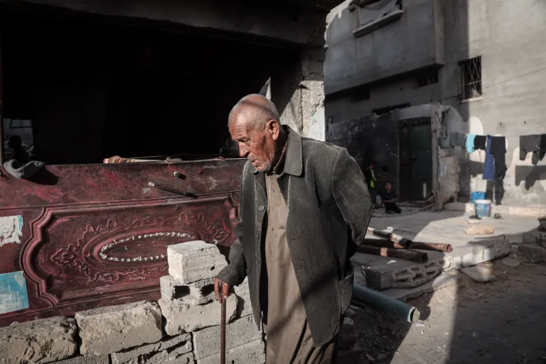 Abdel Mahdi al-Wuheidi says he has fallen over the rubble around his house in Jabalia, northern Gaza [Abdelhakim Abu Riash/Al Jazeera]