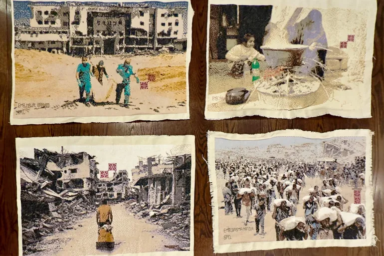 مجموعة مختارة من اللوحات المطرزة من نسيج الإبادة الجماعية في غزة (بإذن من متحف فلسطين بالولايات المتحدة الأمريكية)