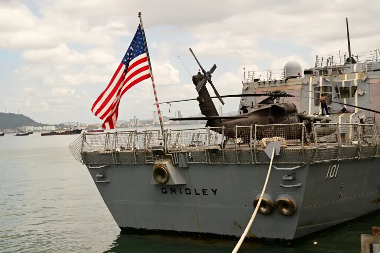 The US Navy Arleigh Burke-class guided-missile destroyer USS Gridley (DDG 101) docks at the Amador cruise terminal in Panama City on March 29, 2026.