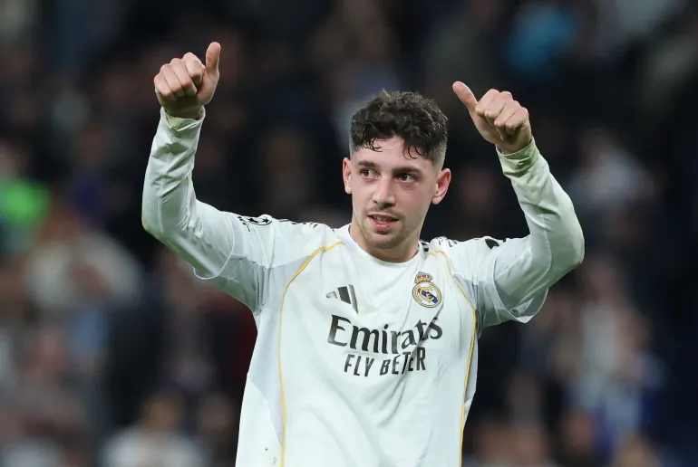 (FILES) Real Madrid's Uruguayan midfielder #08 Federico Valverde reacts at the end of the UEFA Champions League last 16 first leg football match between Real Madrid CF and Manchester City at Santiago Bernabeu Stadium in Madrid on March 11, 2026.