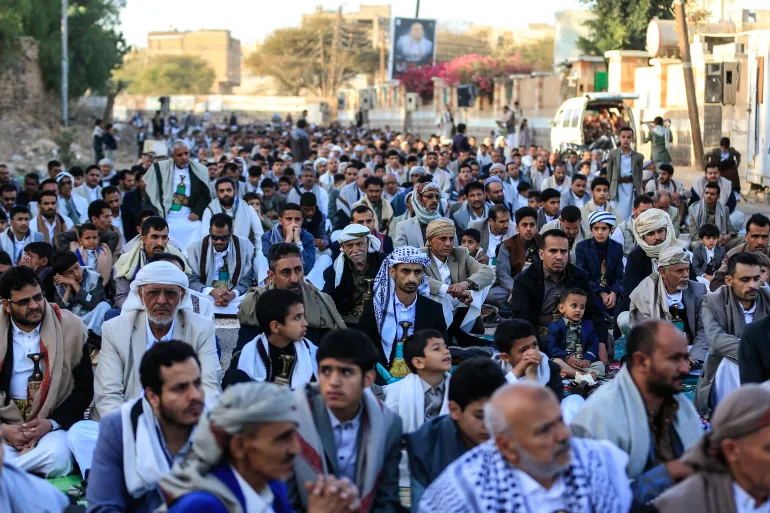 Yemenis gather to perform morning prayers marking the start of Eid al-Adha, the Feast of Sacrifice, in Sanaa on May 27, 2026.