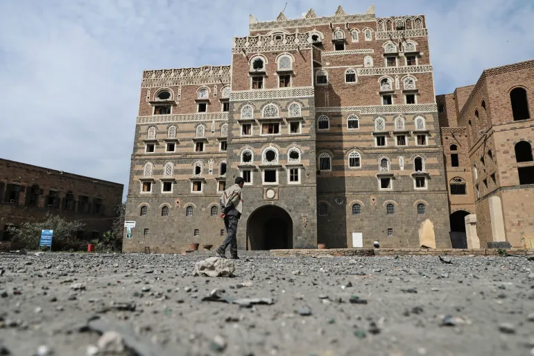 A man inspects the damage outside the National Museum, following the Israeli airstrikes on Wednesday in Sanaa, Yemen, Thursday, Sept. 11, 2025. (AP Photo/Osamah Abdulrahman)