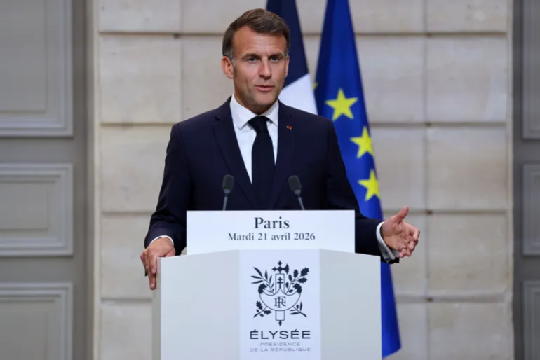 France's President Emmanuel Macron attends a joint declaration press event with Lebanon's Prime Minister Nawaf Salam following their meeting at the Elysee Presidential Palace in Paris, Tuesday, April 21, 2026. (Ludovic Marin/Pool Photo via AP)