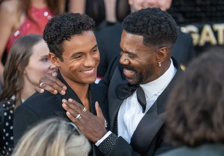 epa12903765 Colman Domingo (R) hugs Jaafar Jackson (L) during the Red Carpet Premiere of MICHAEL at the Dolby Theater in Hollywood, California, USA, 20 April 2026. EPA/Connor Terry