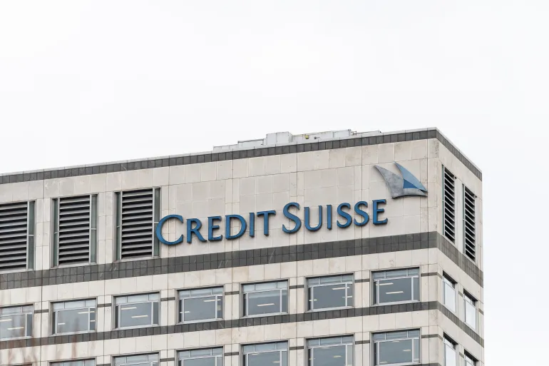LONDON, ENGLAND - MARCH 21: External view of Credit Suisse offices in Canary Wharf on March 21, 2023 in London, England. UBS, Switzerland's largest bank, bought its troubled rival Credit Suisse in a deal that was urged by Swiss regulators. Share prices in major international banks fell sharply on Monday following the news. (Photo by Ming Yeung/Getty Images)