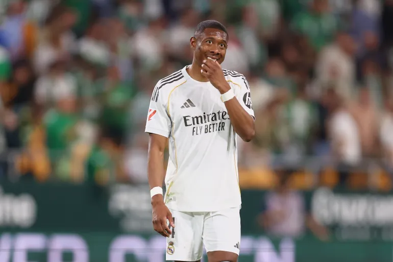 SEVILLE, SPAIN - APRIL 24: David Alaba of Real Madrid reacts after the LaLiga EA Sports match between Real Betis Balompie and Real Madrid CF at Estadio La Cartuja on April 24, 2026 in Seville, Spain. (Photo by Fran Santiago/Getty Images)