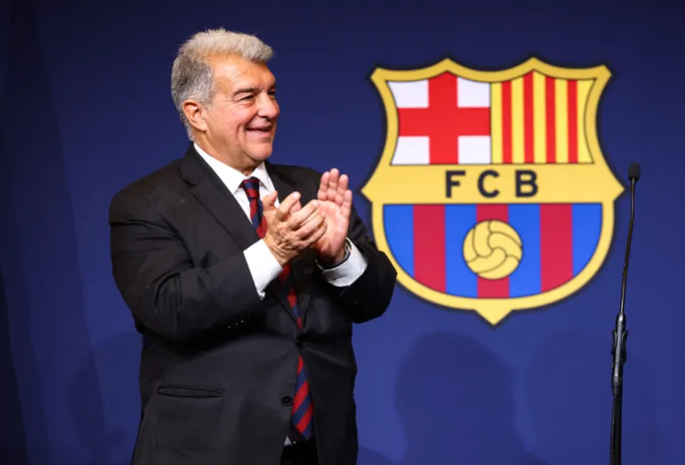 Soccer Football - FC Barcelona elections - Barcelona, Spain - March 16, 2026 Joan Laporta celebrates his victory after being re-elected as FC Barcelona president REUTERS/Albert Gea