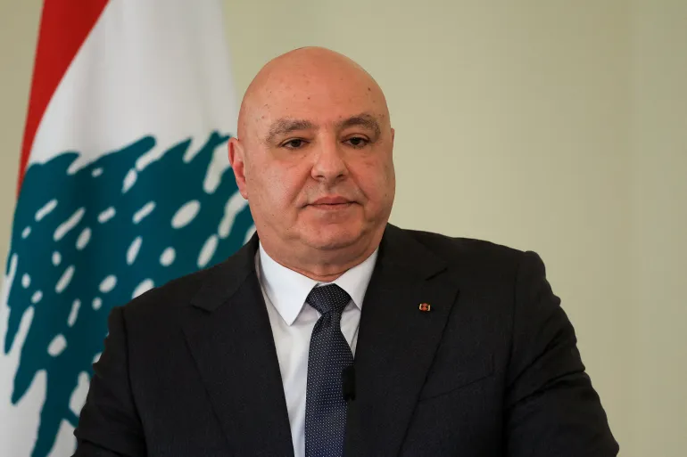 FILE PHOTO: Lebanese President Joseph Aoun attends a press conference with German President Frank-Walter Steinmeier (not pictured), at the presidential palace in Baabda, Lebanon, February 16, 2026. REUTERS/Mohamed Azakir/File Photo
