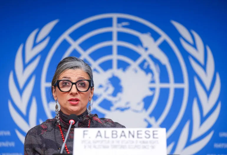 FILE PHOTO: Francesca Albanese, UN special rapporteur on human rights in the Palestinian territories, attends a news conference during the Human Rights Council at the United Nations in Geneva, Switzerland, March 24, 2026. REUTERS/Denis Balibouse/File Photo