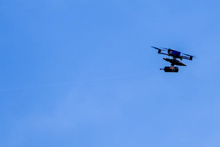 An FPV (first person view) drone with fibre optic cable, flies over the border from Lebanon to Israel as it is seen from the Israeli side of the border, May 19, 2026 REUTERS/Ayal Margolin ISRAEL OUT. NO COMMERCIAL OR EDITORIAL SALES IN ISRAEL TPX IMAGES OF THE DAY