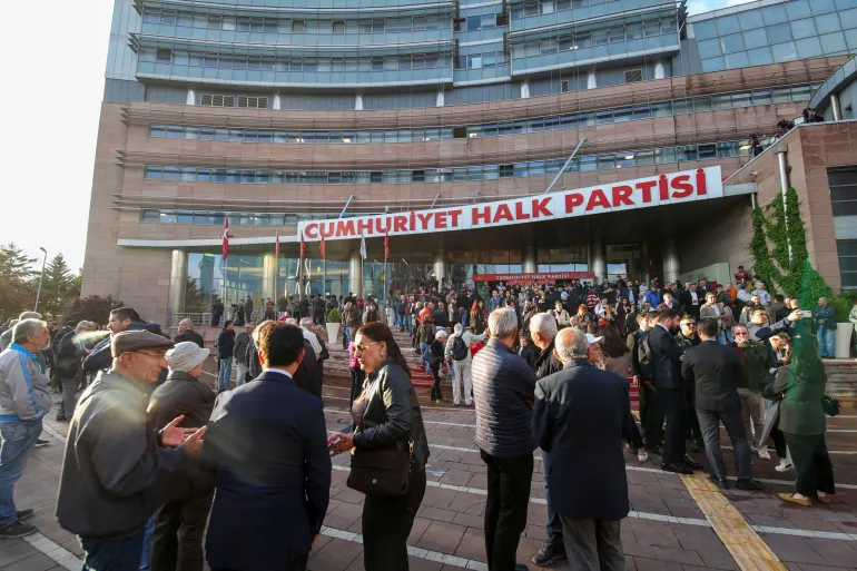 People gather outside the main opposition Republican People's Party (CHP) headquarters in Ankara, Turkey, May 21, 2026. REUTERS/Efekan Akyuz