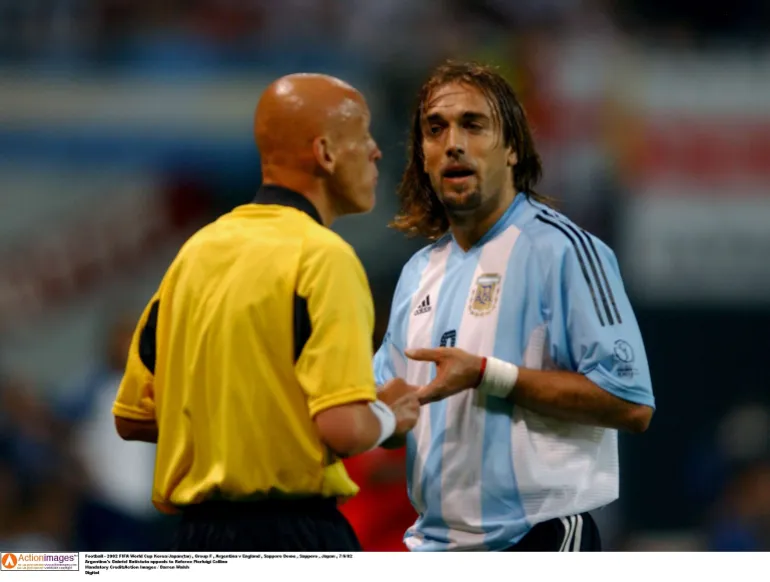 Football - 2002 FIFA World Cup Korea/Japan(tm) , Group F , Argentina v England , Sapporo Dome , Sapporo , Japan , 7/6/02 Argentina's Gabriel Batistuta appeals to Referee Pierluigi Collina Mandatory Credit:Action Images / Darren Walsh Digital