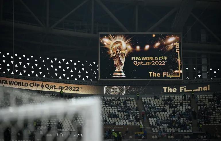 Soccer Football - FIFA World Cup Qatar 2022 - Final - Argentina v France - Lusail Stadium, Lusail, Qatar - December 18, 2022 General view as the big screen displays FIFA World Cup Final Qatar 2022 and the trophy before the match REUTERS/Dylan Martinez