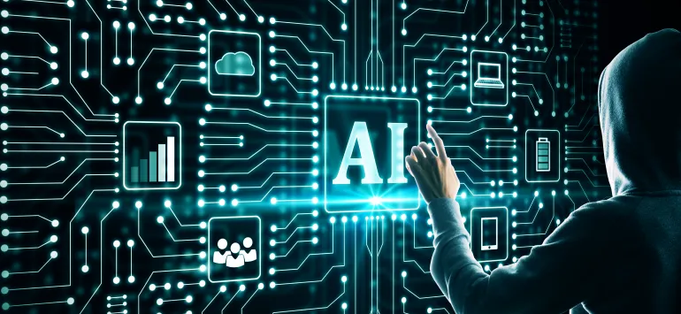 Hacker hand using glowing AI circuit interface on dark background. Artificial intelligence and malware concept.