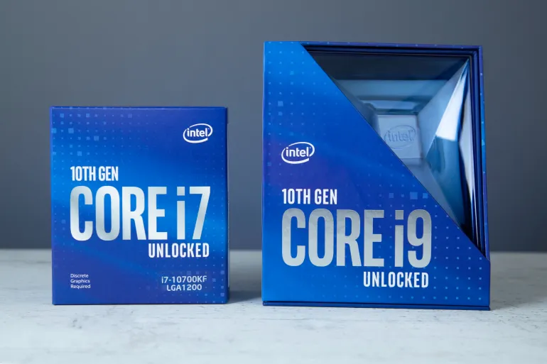 Prague, CZ-14 January 2021: Compare CPU in Box. 10th Generation Intel Comet Lake-S 10 Core i9 10900K CPU and i7 Processor for desktop. Illustrative Editorial