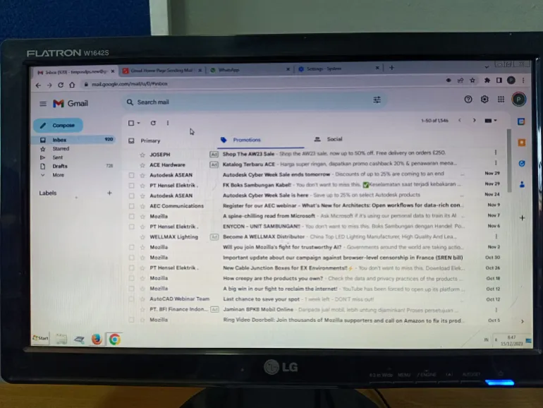 Surabaya, Indonesia - December 15 2023: the monitor screen displays Gmail which is Google's electronic mail service
